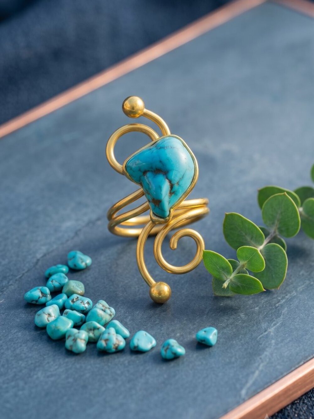Turkish Artisan 18K Gold Plated Brass Stabilized Turquoise Spiral Ring Boho 7-10
